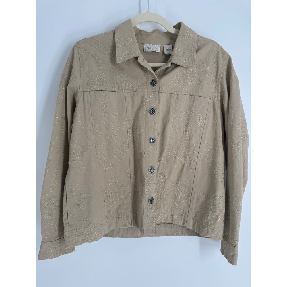 Studio Works‎ Petite Tan Khaki Embroidered Leaf Button Front Cotton Jacket Sz PL